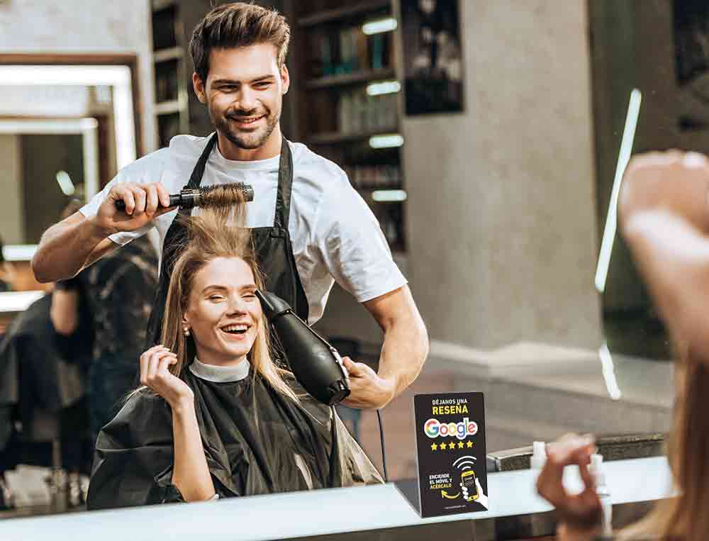 soporte tap de pvc para poner reseñas de google en Barcelona, peluquerías y centros de estética